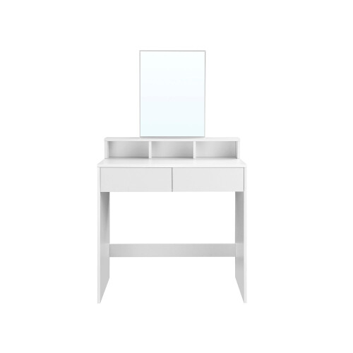 Dressing Table - Wood - White - Rectangular Mirror with 2 Drawers and 3 Open Compartments