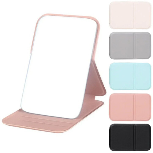 (Pink) Desktop Makeup Mirror Solid Color PU Leather Simple Portable Handheld Makeup Mirror Foldable Student Compact Cute Pocket Mirror 1