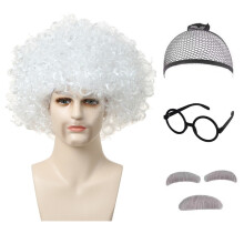 (A) Man Adult Stage Cosplay Einstein Perform Suit Bar Clothing Match Fluffy Afro Hairpiece Glasses and Beard Party Man Scientist Wig