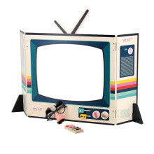 Teatro - VILAC - Televisão vintage em madeira - Silhueta anos 80 - Botões coloridos - Controle remoto & óculos