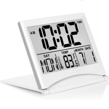 (White) Foldable Backlit Calendar Clock Stylish Snooze Digital Alarm Clock Bedrooms Offices Travel Alarm Clock Compact Desk LCD Clock