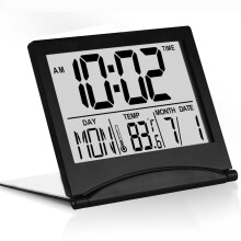 (Black) Foldable Backlit Calendar Clock Stylish Snooze Digital Alarm Clock Bedrooms Offices Travel Alarm Clock Compact Desk LCD Clock