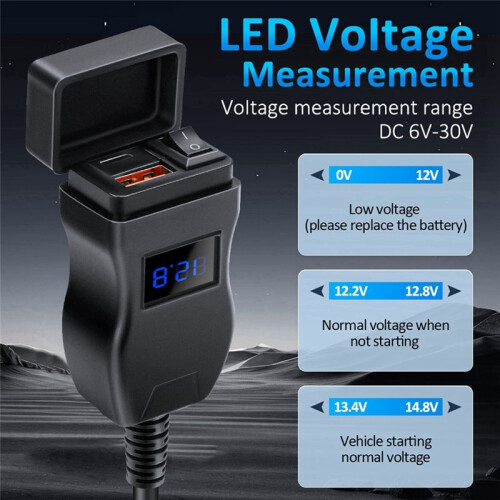 Motorcycle Usb Fast Cellular Charger Waterproof Type C Port Socket Connector with Cell Mobile Voltmeter Digital Charge