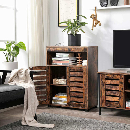 Storage Cupboard - Wood - Rustic Brown - Louvered Doors and Adjustable Shelf 1