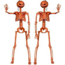 2 PCS Orange Skeleton with Pumpkin Head Halloween Skeleton Decorations2 Realistic Halloween Full Body Movable Posable Joints Poseable Skeleton for Ind