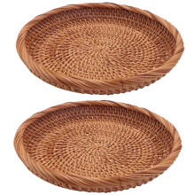 Canasta de Almacenamiento de RatáN Tejida de 2 Piezas, Canasta de Pan, Bandeja de Pastel de Dulces de Frutas, para Llaves, Billeteras, TeléFonos