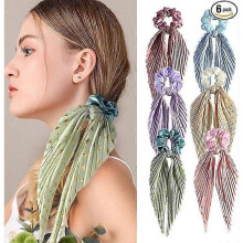 Hair Elastics 6 Pieces Multi-Coloured Satin Scrunchies with Bow Scrunchies Silk Hair Accessories for Women Girls