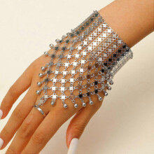 Boho Mesh Bell Hand Chain Bracelet, Silver Tassel Finger Slave Bracelet Party Statement Jewelry