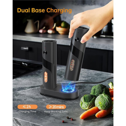 Electric Rechargeable Salt and Pepper Grinder Set Top-Refill Automatic Pepper Mill Grinder with Charging Base 2