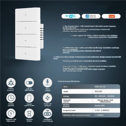 Tuya WiFi  Light  4 Gang Matter  10A Neutral Wire Required for  Assistant Voice Control Timer 1