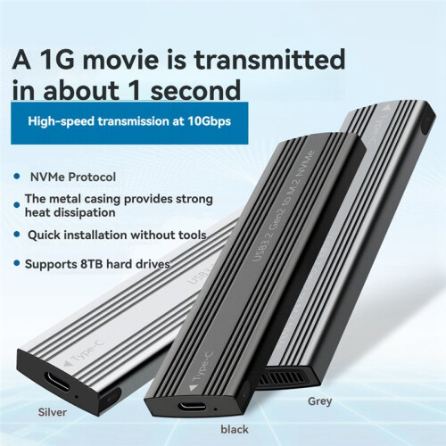 M.2 SSD Enclosure NVMe Protocol M.2 to USB3.2 Gen2 Type-C 10Gbps SSD Case M.2 Solid State Mobile Hard Disk Box Gray 2