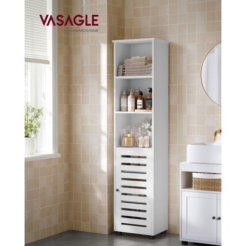 Bathroom Floor Cabinet - Engineered Wood - Cloud White - 3 Open Compartments, 2 Adjustable Shelves 1