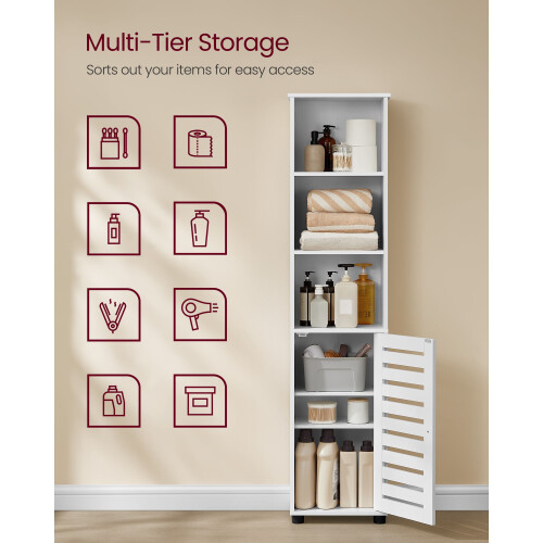 Bathroom Floor Cabinet - Engineered Wood - Cloud White - 3 Open Compartments, 2 Adjustable Shelves 2