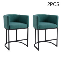 Set of 2 Green Chenille Upholstered Low Back Bar Stools with Black Metal Frame