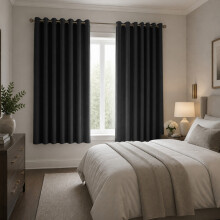 (46x54 in (116x137 cm), Black) Blackout Eyelet Curtains Pair Luxury Thermal Insulated Ring Top Ready Made Curtains | Free Tieback