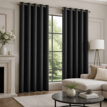 (90x72 in (228x182 cm), Black) Blackout Eyelet Curtains Pair Luxury Thermal Insulated Ring Top Ready Made Curtains | Free Tieback