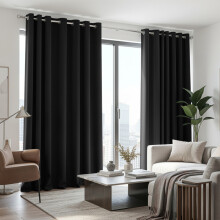 (90x90 in (228x228 cm), Black) Blackout Eyelet Curtains Pair Luxury Thermal Insulated Ring Top Ready Made Curtains | Free Tieback