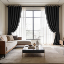 (90x108 in (228x274 cm), Black) Blackout Eyelet Curtains Pair Luxury Thermal Insulated Ring Top Ready Made Curtains | Free Tieback