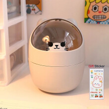 (Grey) Ins Style Creative Cute Home Desktop with Lid Trash Can Small Mini Kawaii Bedroom Desk Storage Box Pen Holder Give A Sticker