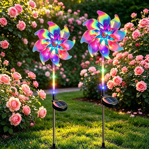 2 x Magical Holographic Rainbow Solar Pinwheel Lights