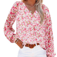 (Pink, 2XL) Women\'s Casual Boho Long-sleeved Shirt V-neck Printed Lantern Sleeve Shirt For Work And Shopping