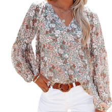 (Multicolour, XL) Women\'s Casual Boho Long-sleeved Shirt V-neck Printed Lantern Sleeve Shirt For Work And Shopping