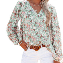 (Green, M) Women\'s Casual Boho Long-sleeved Shirt V-neck Printed Lantern Sleeve Shirt For Work And Shopping