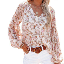 (White, XL) Women\'s Casual Boho Long-sleeved Shirt V-neck Printed Lantern Sleeve Shirt For Work And Shopping