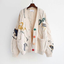 (L, 12) 2022 Autumn Winter Women Cardigan Warm Knitted Sweater Jacket Pocket Embroidery Fashion Knit Cardigans Coat Lady Loose Sweaters