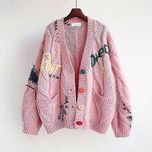 (L, 11) 2022 Autumn Winter Women Cardigan Warm Knitted Sweater Jacket Pocket Embroidery Fashion Knit Cardigans Coat Lady Loose Sweaters