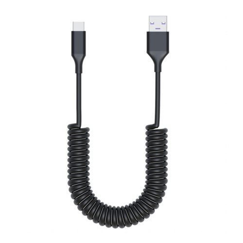 Coiled USB Type C Fast Charge Data Cable Stretchable Up-Black