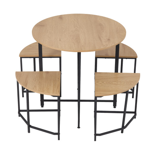 Living And Home 5 Piece Round Oak Wood Grain Dining Set with 4 Sector Space Saving Stools 1