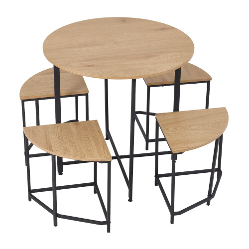 Living And Home 5 Piece Round Oak Wood Grain Dining Set with 4 Sector Space Saving Stools 2