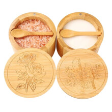Salero, 2 Piezas Contenedor de Sal Caja de Sal y Pimienta de Bambú para Encimera con Cuchara Incorporada, Tazón de Condimentos
