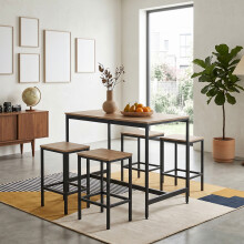 5 Piece Oak Wood Grain Bar Table Set with 4 Stools, Black Metal Frame Pub Dining Set