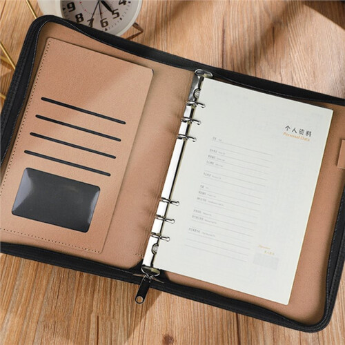 A5 Zippered PU Leather Binder Notebook, Multi-Functional Loose-Leaf Organizer with Card Slots 2