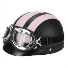 Retro Motorcycle Half Helmet with Goggles, Pink Leather Shell for Adults, Lightweight Open Face Style