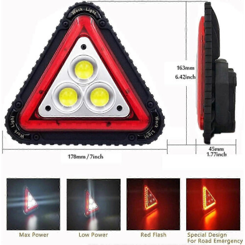 Portable LED Warning Triangle, USB Rechargeable Work Light, 4 Modes Triangle Spotlight for Roadside Emergencies