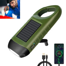 LED-zaklamp met handslinger en zonnepaneel, USB-oplaadbaar, compact met clip voor gebruik tijdens het wandelen of kamperen.
