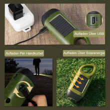 Linterna LED con manivela y panel solar, recargable por USB, compacta con clip para senderismo para acampar al aire libre, Power Out
