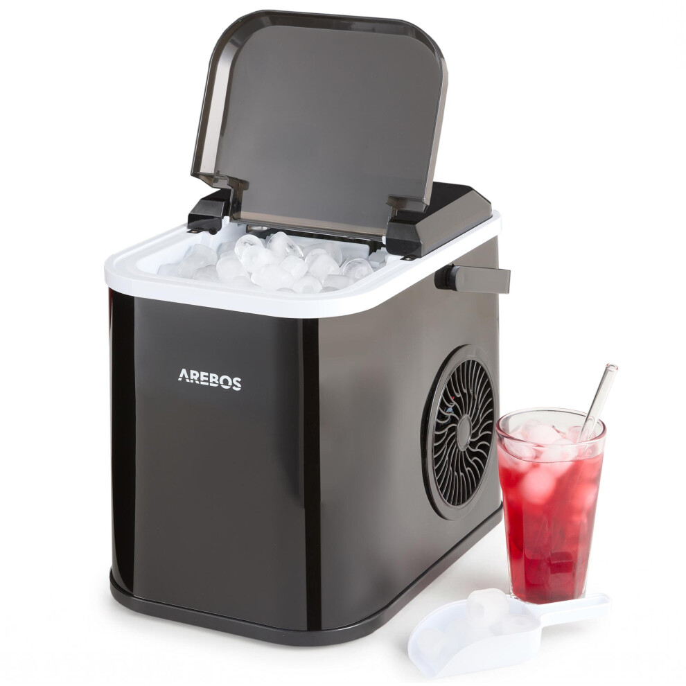 Arebos Ice Cube Maker 12Kg 24H With 1.1L Water Tank Makes 8 Ice Cubes In 10 Min Self Cleaning Quiet Operation Scoop Basket View Window Black
