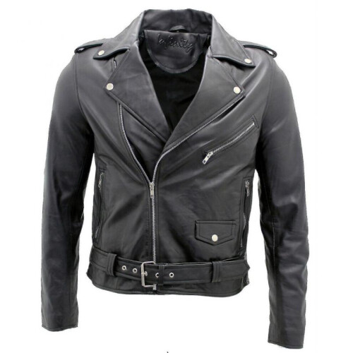 (S) (4XL) Men's Black Brando Leather Biker Jacket Abc