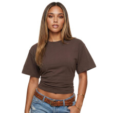 (XL, Dark Brown) Women Summer T-shirt Slim Fit Solid Ruched Short Sleeve Round Neck Tops for Daily Office Party