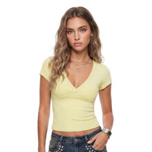 (M, Yellow) Womens Summer T Shirt Short Sleeve Cross Front V Neck Solid Color Casual Slim Fit Tops