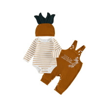 (12-18 Months, Brown) Baby Boy Fall Outfit Casual Striped Crew Neck Long Sleeve Romper Letter Embroidered Overalls and Hat 3 Pcs Set