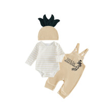 (12-18 Months, Khaki) Baby Boy Fall Outfit Casual Striped Crew Neck Long Sleeve Romper Letter Embroidered Overalls and Hat 3 Pcs Set