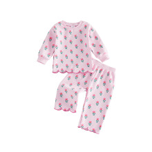 (12-18 Months, Pink) Little Girls 2PCS Fall Outfits Long Sleeve Round Neck Floral Sweatshirt Elastic Waist Pants Sets