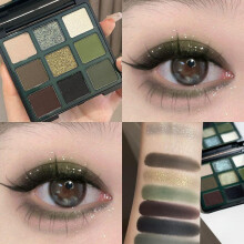 (Matches the image, 9 colors) Retro French 9 Colors Eyeshadow Palette Black Olive Green Fine Non-Flying Powder Lasting Eyeshadow for Smoky Eye Makeup