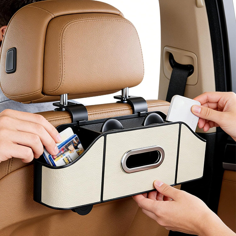 (Beige#Leather, -) Multifunctional Car Back Seat Storage Organizer, Cup Holder Tissue Box Beige 5437706374220