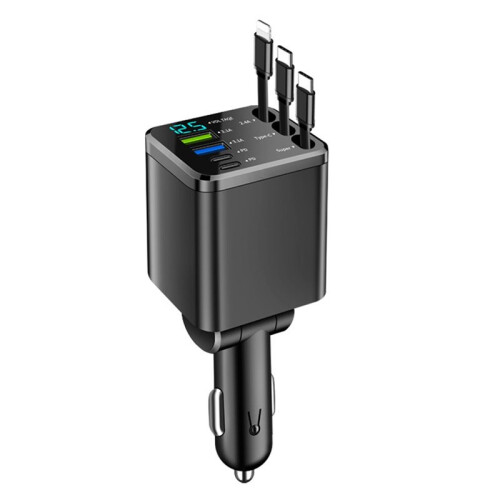7-In-1 Retractable Car Charger with Digital Voltmeter USB+PD Port Fast Charging Cable 2 Type C